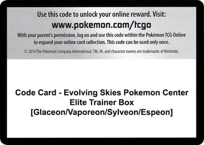 Code Card - Evolving Skies Pokemon Center Elite Trainer Box [Glaceon/Vaporeon/Sylveon/Espeon]